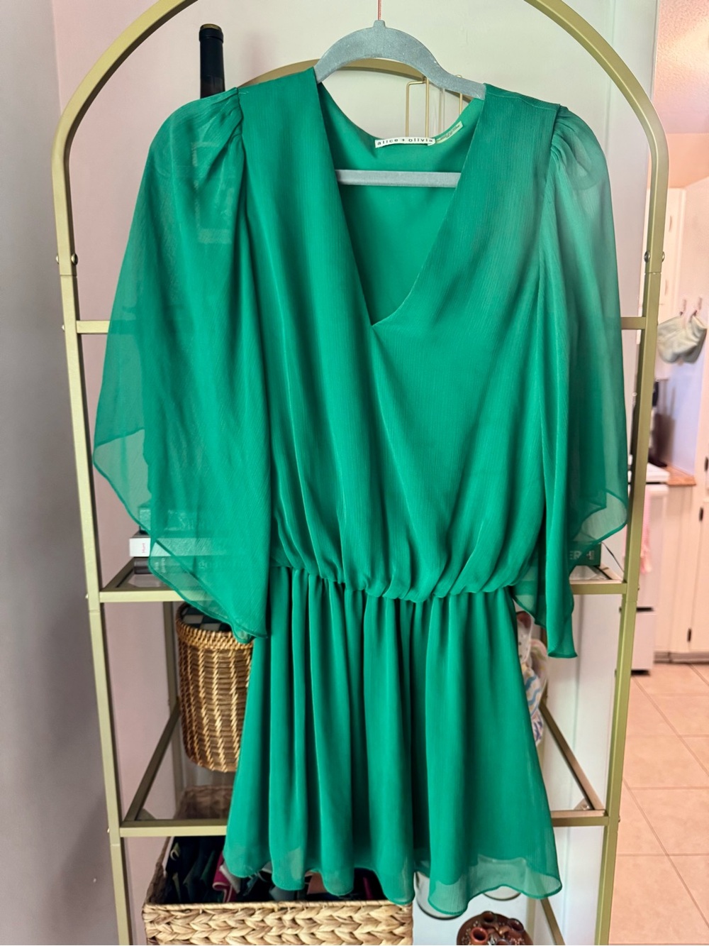 Alice + Olivia Emerald Green Chiffon V-Neck Mini Dress